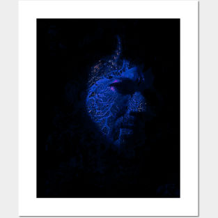 Portrait, digital collage and special processing. Devil face, side. Horn and ice texture. Blue. Posters and Art